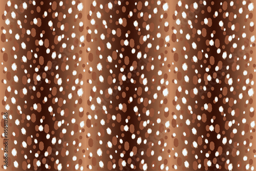Winter deer fawn fur pattern. Seamless brown background with white spots. Wild animal skin texture for seasonal design.