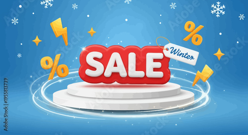 Winter Sale Event Advertisement Featuring a Podium with Snowflakes and Percentage Signs