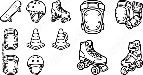 Line art skatepark icon set showing skateboard, helmet, knee pad, traffic cone, mini ramp and roller skate, bold black strokes