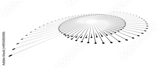 Abstract black vector galaxy spiral with radiating dot-ended lines. Minimalist perspective view of a network connectivity array and data flow system on isolated white background.
