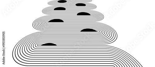 Minimalist black and white vector of a winding perspective path made of parallel lines, featuring stepping stones. Zen-like composition symbolizing a journey or data stream.