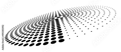 Abstract halftone arched pattern in 3D perspective. Black dotted geometric curve on white. Minimalist futuristic dome shape for modern technology, pop art, and digital design projects.