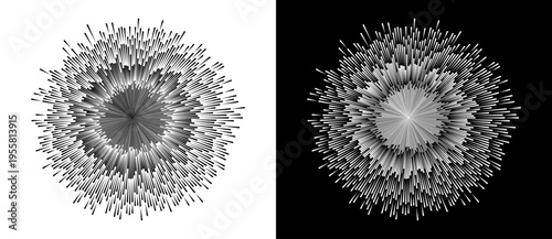 Abstract radial starburst and explosion of lines. Monochrome circular geometric shape with vibration and energy effect. Minimalist digital element for technology and creative design.