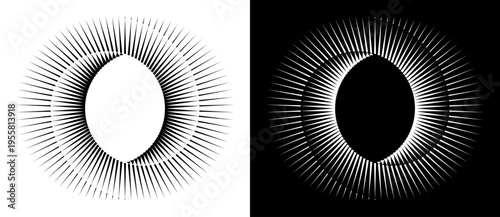 Abstract radial starburst pattern with overlapping lines. Modern minimalist circle with central lens shape. Monochrome optical illusion element for tech and creative design.