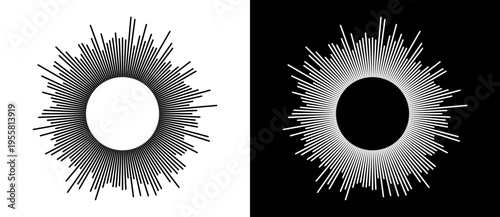 Abstract radial sound wave equalizer circle. Circular audio frequency bars with varying lengths. Minimalist monochrome geometric design for music, voice and technology projects.