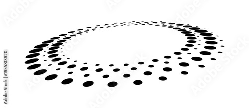 Abstract 3D perspective halftone circle ring. Black dotted geometric shape isolated on white. Minimalist futuristic radial pattern for technology, pop art, and modern graphic design.