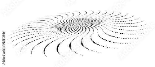 Abstract 3D perspective spiral with halftone dot pattern. Black dotted vortex and whirlpool shape isolated on white. Minimalist futuristic swirl for modern technology and op art design.