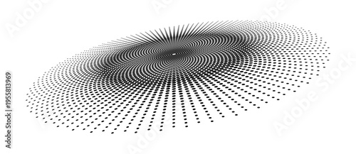 Abstract halftone spiral disk with black dots on white background. Geometric radial pattern with perspective and depth effect. Monochrome minimal design for posters and backgrounds.
