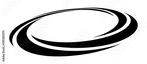 Abstract black swirl ellipse with dynamic motion lines on white background. Geometric spiral ring with speed effect. Minimal monochrome design for logos, posters and branding.