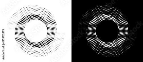 Abstract halftone circle ring with black and white dot pattern on dual background. Geometric radial design with gradient and depth effect. Minimal monochrome set for posters.