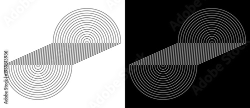 Abstract geometric S-shape with concentric semicircle lines on dual background. Minimal linear design with retro wave pattern. Monochrome set for posters, branding and covers.