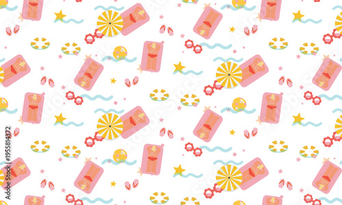 Seamless summer beach pattern featuring a woman relaxing on an inflatable pool float, combined with umbrellas, sunglasses, beach balls, waves and tropical elements. Bright and playful composition