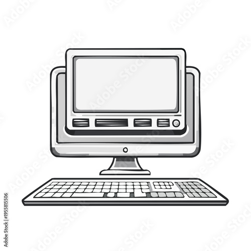 Retro computer monitor and keyboard illustration simple line drawing and shading
