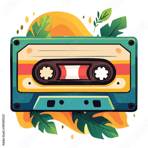 Retro cassette tape with colorful stripes and lush green leaves decoration