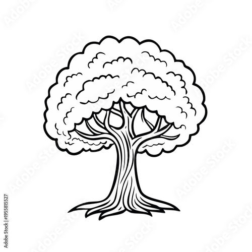 Stylized line art of a mature tree with lush foliage and visible roots