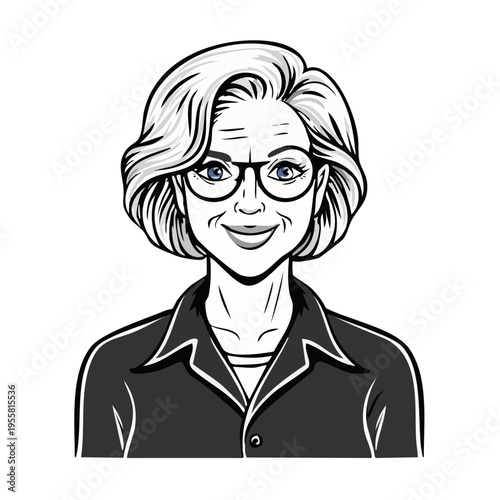 Mature woman wearing glasses with short styled hair and confident smile illustration