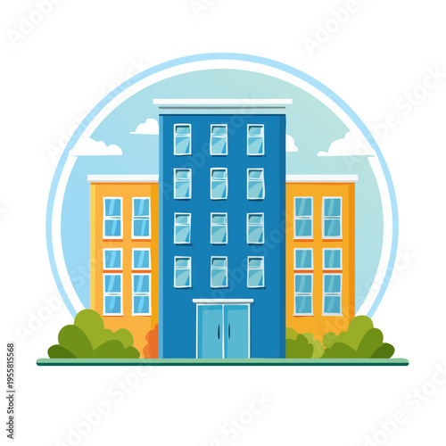 Modern apartment buildings with blue and orange facades under a clear sky