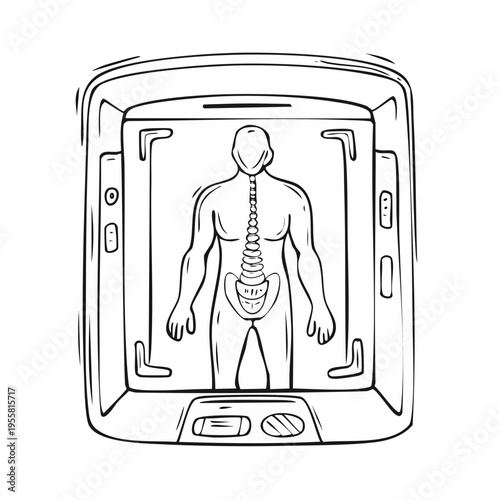 Stylized human body skeleton in medical scanner scan machine