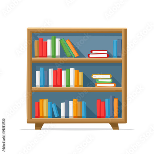 Cartoon style bookshelf filled with colorful books and stacks of literature on blue shelves