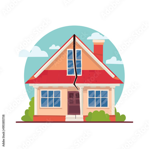 Cartoon house split in half with a large crack down the middle, concept of damage and division