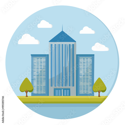 Modern glass skyscrapers with trees and clouds in a circular frame illustration