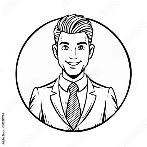 Smiling businessman with styled hair wearing a suit and tie in a circular frame