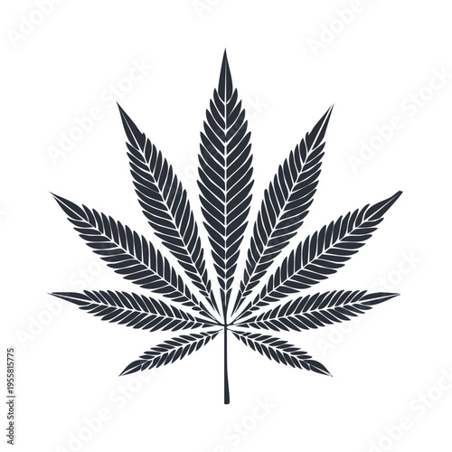Stylized dark grey cannabis leaf silhouette with detailed vein patterns
