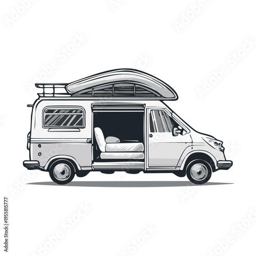 Retro Camper Van with Pop Top Roof and Open Side Door