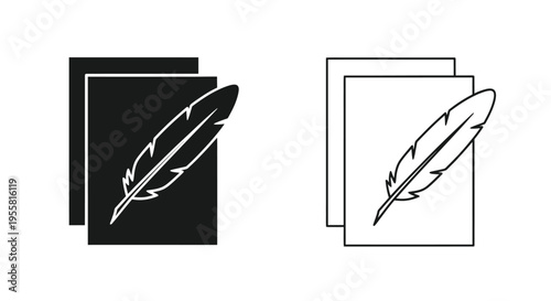 Two black and white illustrations of a feather with papers