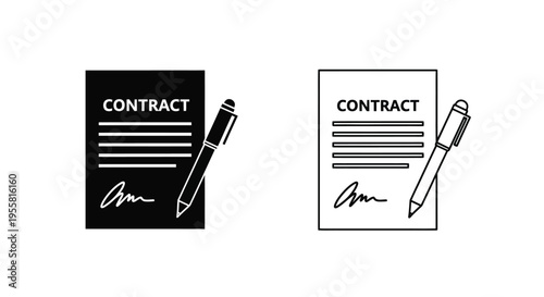 Contract and pen icon set in black and white displayed with variations