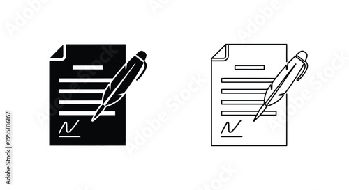 Two variations of a quill pen resting on lined paper in black and white
