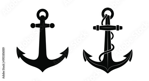 Two black silhouette anchors displayed against a stark white background