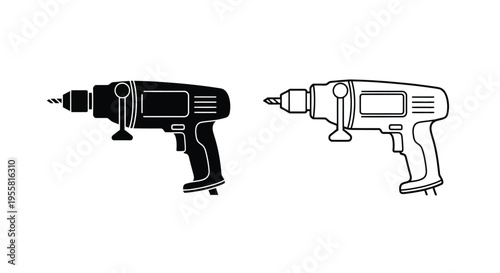 Black and white illustration of two cordless power drills side by side