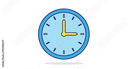 A cartoon illustration of a blue clock showing approximately ten minutes past the hour