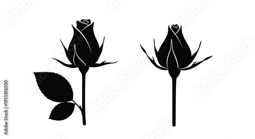 Two black silhouettes of rose buds with a single leaf detail