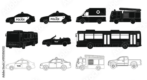 Black and white illustration of various emergency and public service vehicles