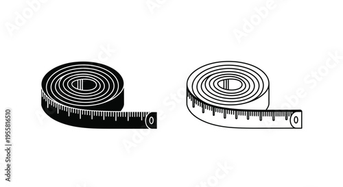 Two depictions of a coiled measuring tape one solid black and one outlined