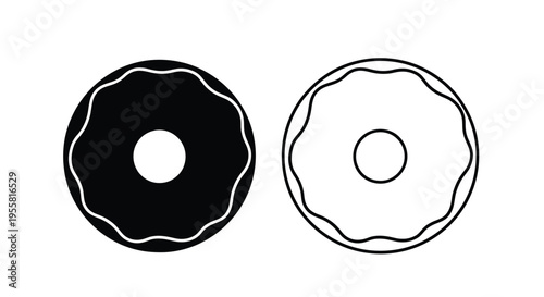 Two simple black and white line drawings of donuts with circular holes