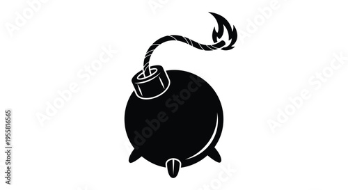 A stark black silhouette of a classic cartoon bomb with a lit fuse