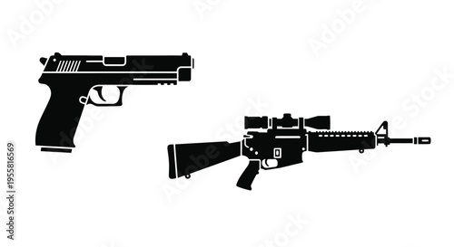 Silhouetted handgun and rifle black on white background