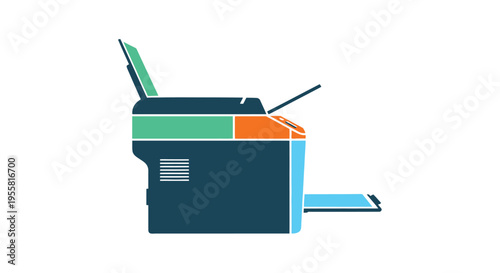 Colorful illustration of a modern office printer with an open output tray