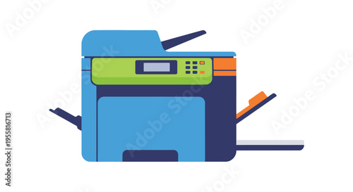 Colorful illustration of a modern office copier machine with paper trays