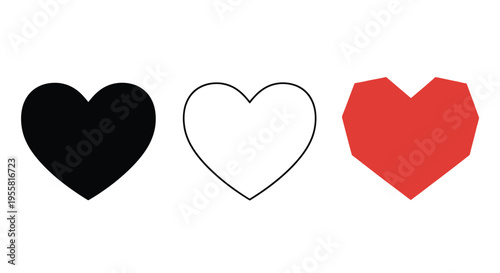 Three heart shapes solid outlined and polygonal displayed in a row