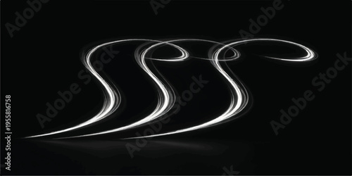 An abstract black and white vector illustration of a winding asphalt highway with curved light lines creating a long perspective wave pattern on a dark background