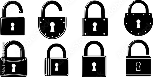Assortment of eight black silhouette padlock icons in various shapes security safety