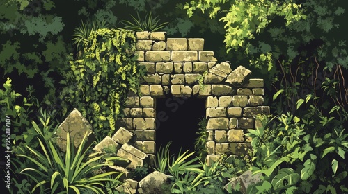 Ancient Ruins - Weathered stone ruins deep in a dense jungle, with overgrown plants. --ar 16:9 --v 6.1 Job ID: 42557213-5e8a-4b28-bf3d-bb438cf25f83