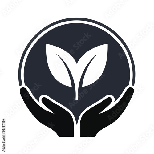 Hands cradle growing plant inside circle icon representing nurturing and sustainability concepts.