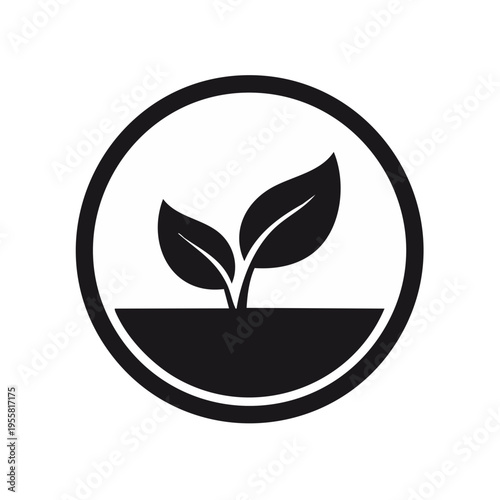 Black and white icon of a young plant growing in soil within a circle