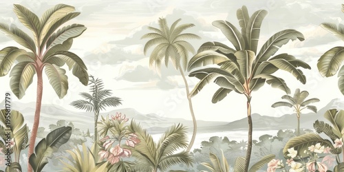 Wallpaper serene tropical landscape painting in pastel tones	