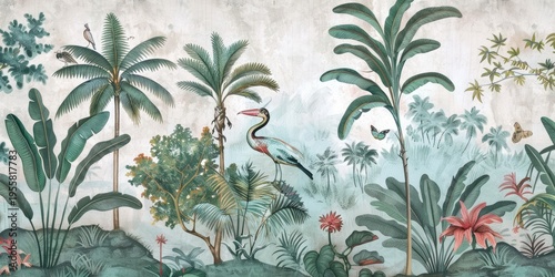 Wallpaper serene tropical landscape painting in pastel tones	